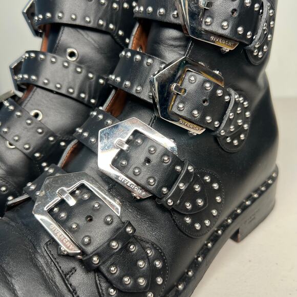 Givenchy Prue Black Leather Buckle Studded Booties Size 7.5 - Picture 4 of 13